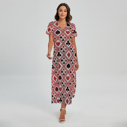 Playing Card Suits Plaid Pattern Print Short Sleeve Maxi Dress
