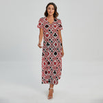 Playing Card Suits Plaid Pattern Print Short Sleeve Maxi Dress