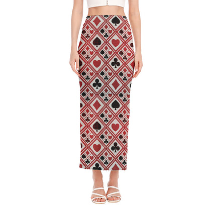 Playing Card Suits Plaid Pattern Print Side Slit Maxi Skirt