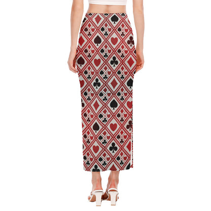 Playing Card Suits Plaid Pattern Print Side Slit Maxi Skirt