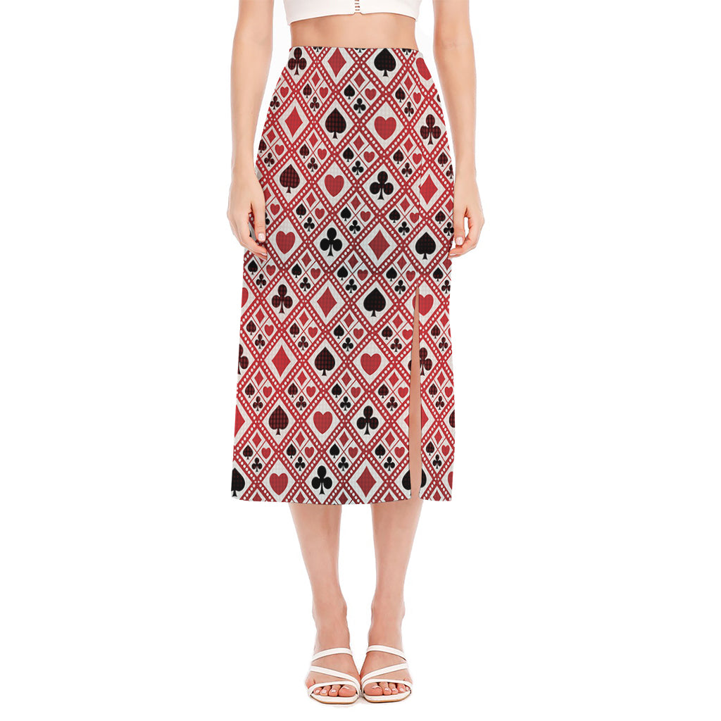 Playing Card Suits Plaid Pattern Print Side Slit Midi Skirt