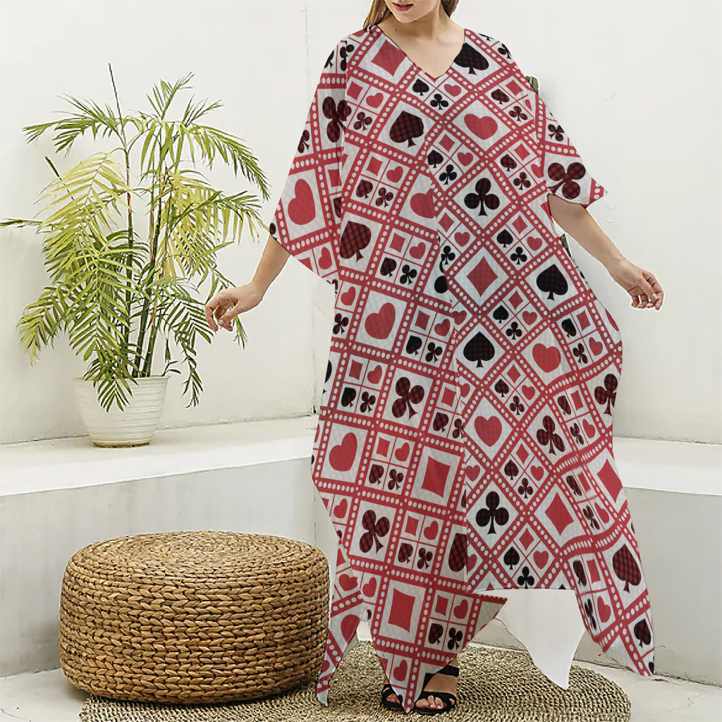 Playing Card Suits Plaid Pattern Print Silk V-Neck Kaftan Dress