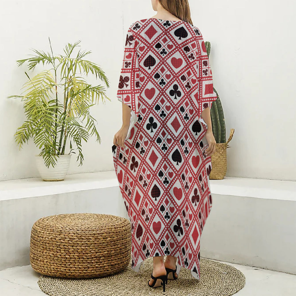 Playing Card Suits Plaid Pattern Print Silk V-Neck Kaftan Dress