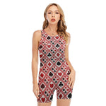 Playing Card Suits Plaid Pattern Print Sleeveless One Piece Swimsuit
