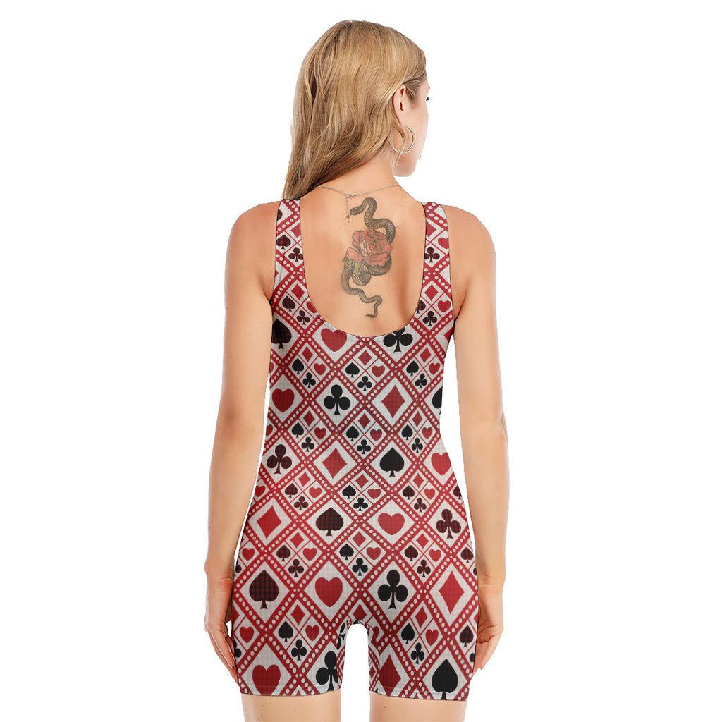Playing Card Suits Plaid Pattern Print Sleeveless One Piece Swimsuit
