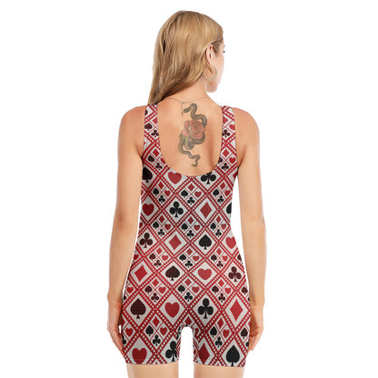 Playing Card Suits Plaid Pattern Print Sleeveless One Piece Swimsuit