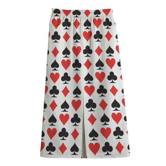 Playing Card Symbols Pattern Print Cotton Front Slit Maxi Skirt