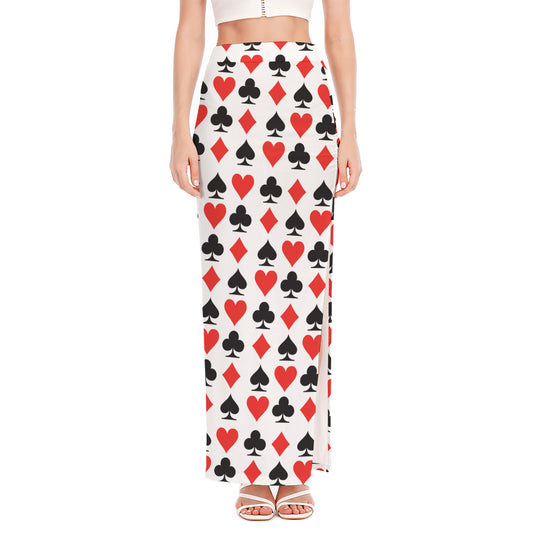 Playing Card Symbols Pattern Print High Slit Maxi Skirt