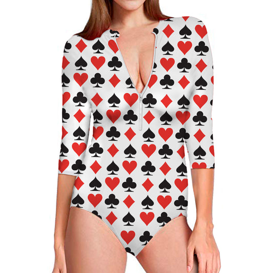 Playing Card Symbols Pattern Print Long Sleeve Swimsuit