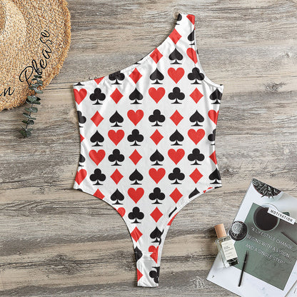 Playing Card Symbols Pattern Print One Shoulder Bodysuit
