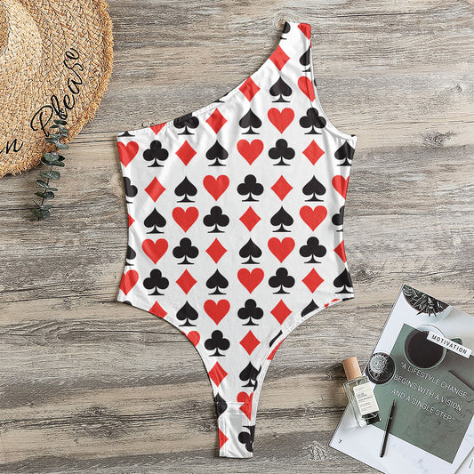 Playing Card Symbols Pattern Print One Shoulder Bodysuit