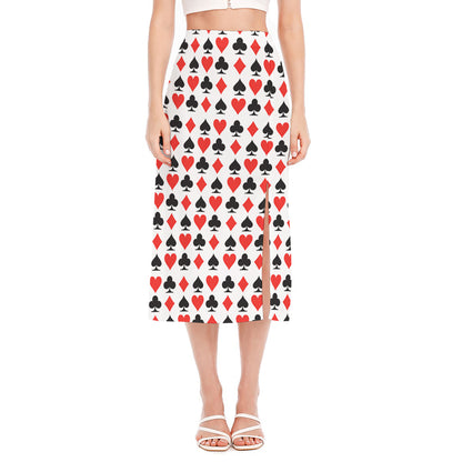 Playing Card Symbols Pattern Print Side Slit Midi Skirt