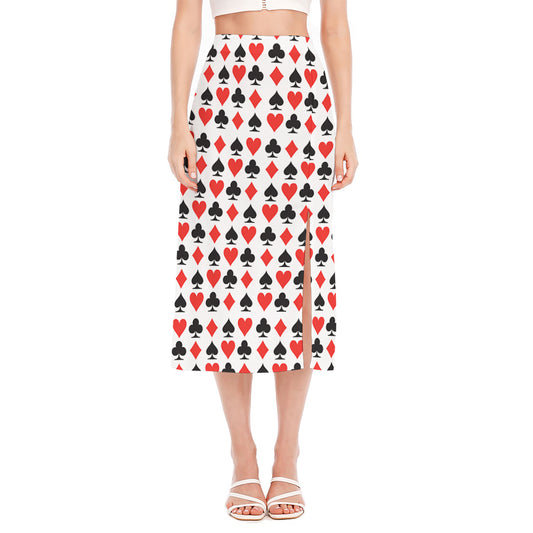 Playing Card Symbols Pattern Print Side Slit Midi Skirt
