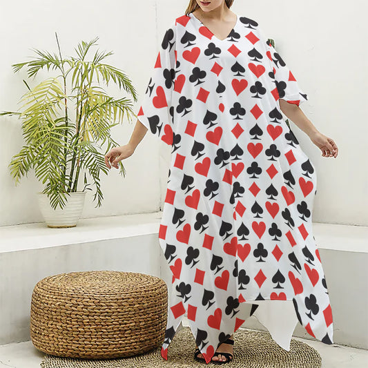 Playing Card Symbols Pattern Print Silk V-Neck Kaftan Dress
