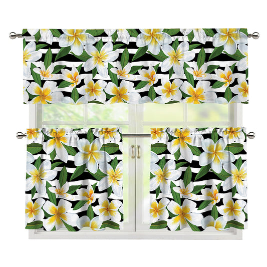Plumeria Flower Striped Pattern Print 3 Piece Kitchen Curtains