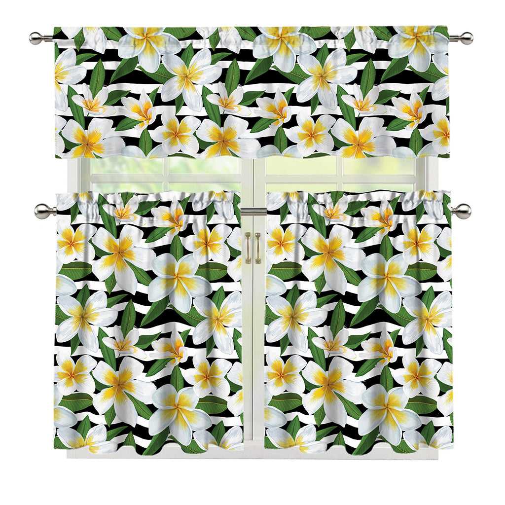 Plumeria Flower Striped Pattern Print 3 Piece Kitchen Curtains