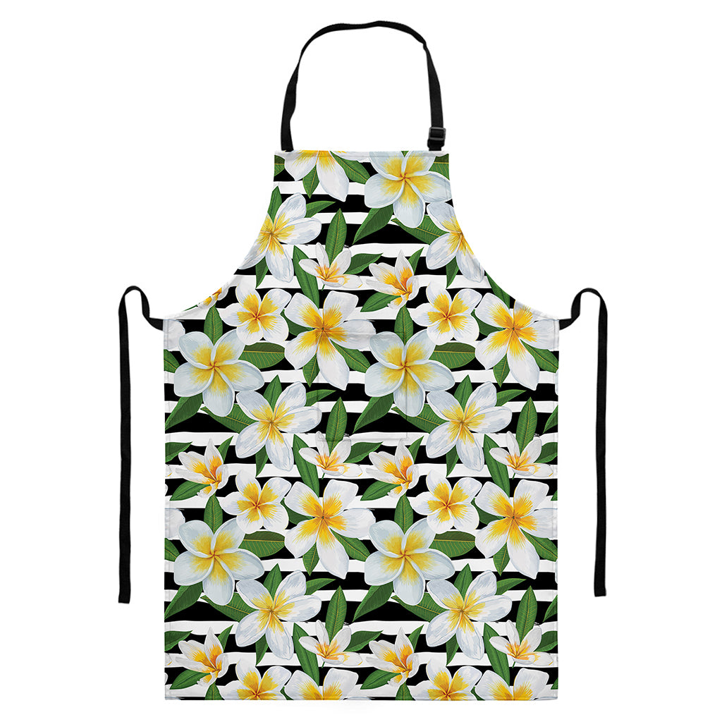 Plumeria Flower Striped Pattern Print Bib Apron With Pocket