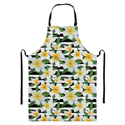 Plumeria Flower Striped Pattern Print Bib Apron With Pocket