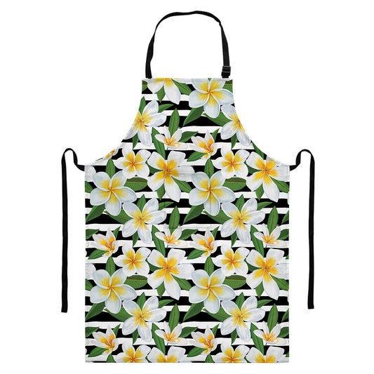 Plumeria Flower Striped Pattern Print Bib Apron With Pocket