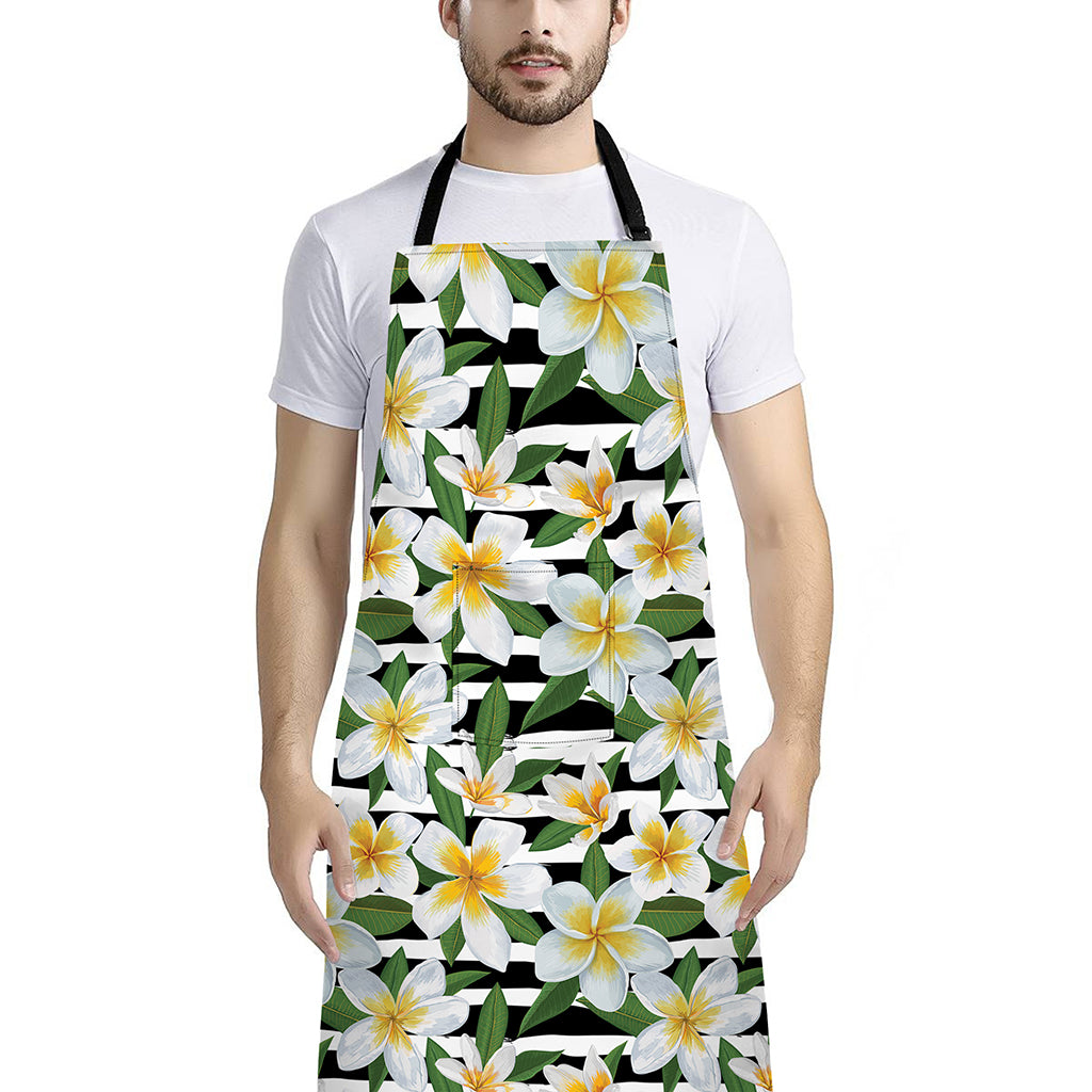 Plumeria Flower Striped Pattern Print Bib Apron With Pocket