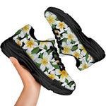Plumeria Flower Striped Pattern Print Black Chunky Shoes