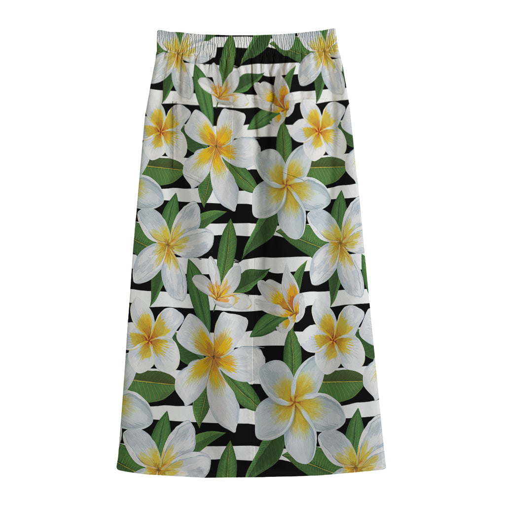 Plumeria Flower Striped Pattern Print Cotton Front Slit Maxi Skirt