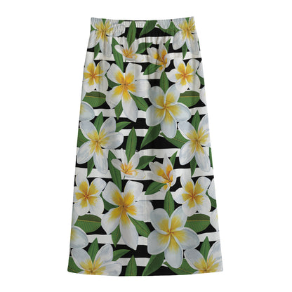 Plumeria Flower Striped Pattern Print Cotton Front Slit Maxi Skirt