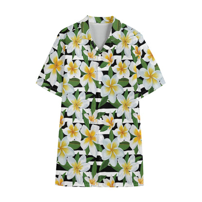 Plumeria Flower Striped Pattern Print Cotton Hawaiian Shirt