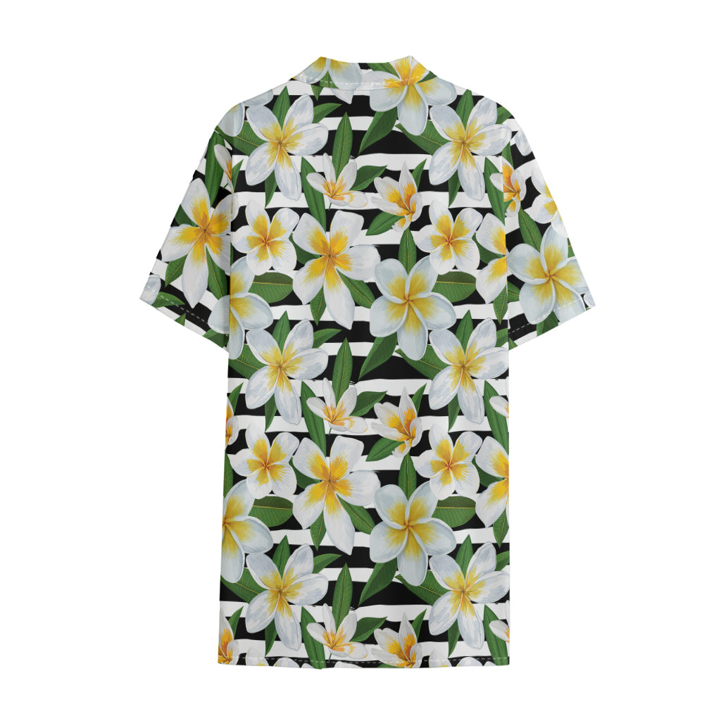 Plumeria Flower Striped Pattern Print Cotton Hawaiian Shirt