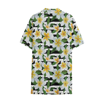 Plumeria Flower Striped Pattern Print Cotton Hawaiian Shirt