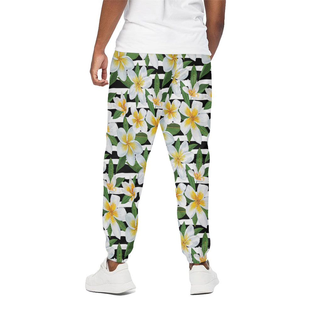 Plumeria Flower Striped Pattern Print Cotton Pants
