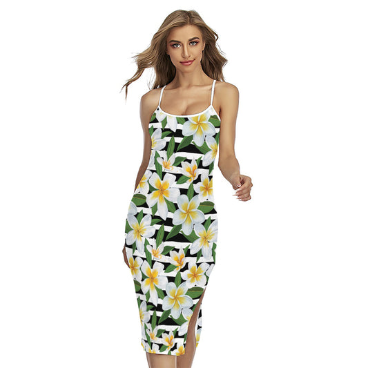 Plumeria Flower Striped Pattern Print Cross Back Cami Dress