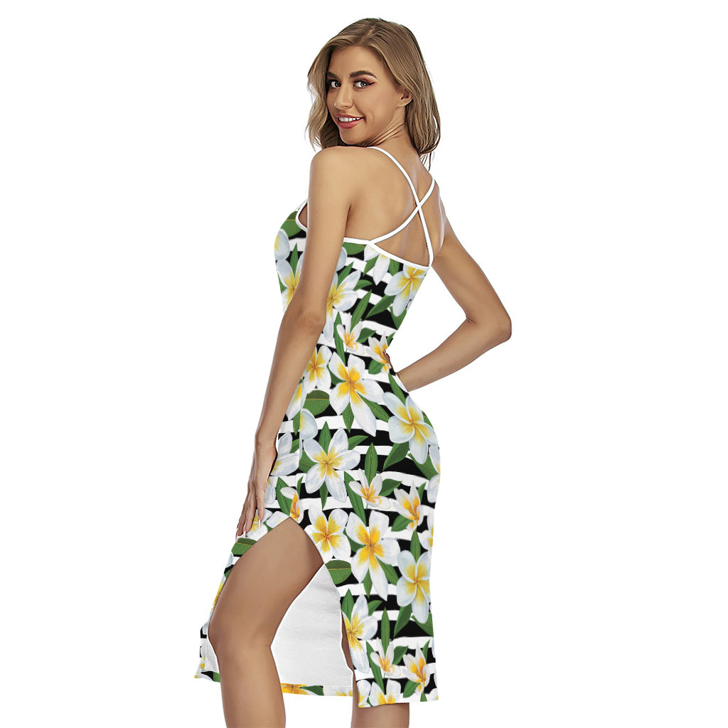 Plumeria Flower Striped Pattern Print Cross Back Cami Dress