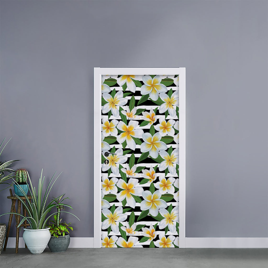 Plumeria Flower Striped Pattern Print Door Sticker