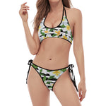 Plumeria Flower Striped Pattern Print Halter Scoop Tie Side Bikini