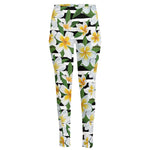 Plumeria Flower Striped Pattern Print High-Waisted Pocket Leggings