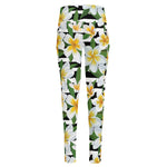 Plumeria Flower Striped Pattern Print High-Waisted Pocket Leggings