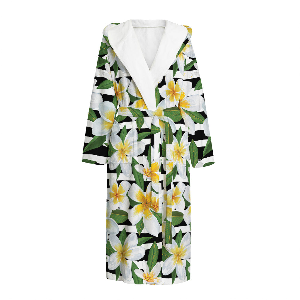 Plumeria Flower Striped Pattern Print Hooded Bathrobe