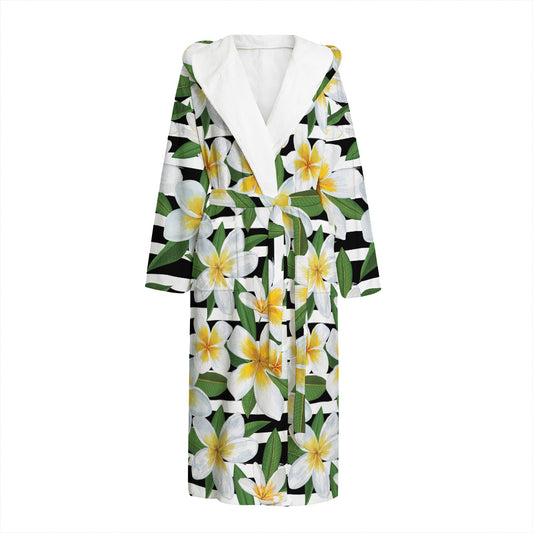 Plumeria Flower Striped Pattern Print Hooded Bathrobe