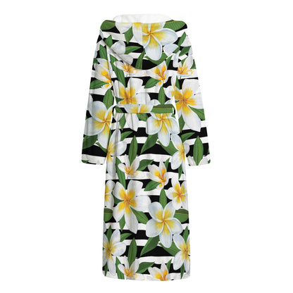 Plumeria Flower Striped Pattern Print Hooded Bathrobe