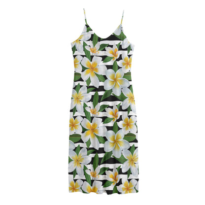 Plumeria Flower Striped Pattern Print Jersey Midi Cami Dress