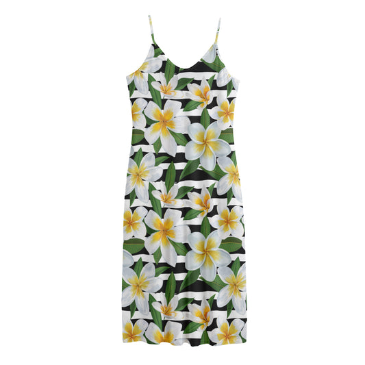 Plumeria Flower Striped Pattern Print Jersey Midi Cami Dress