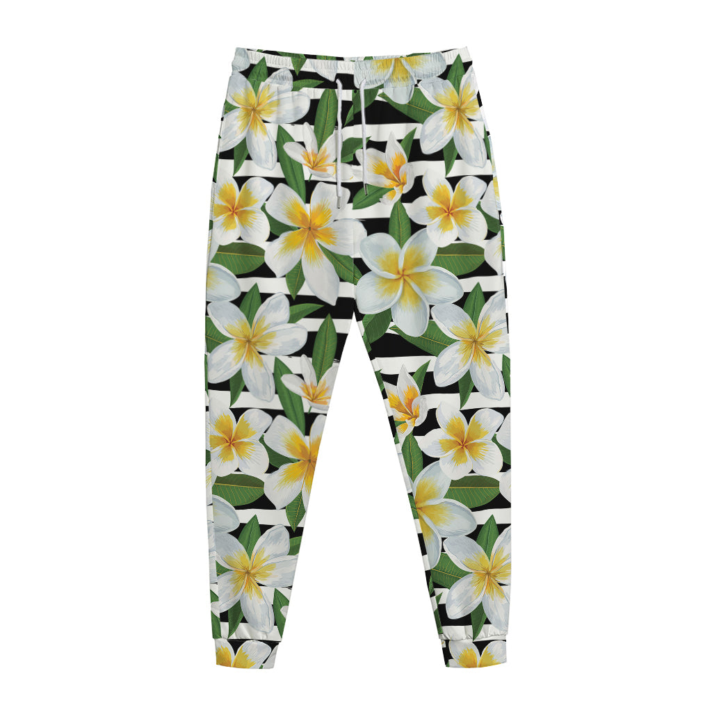 Plumeria Flower Striped Pattern Print Jogger Pants