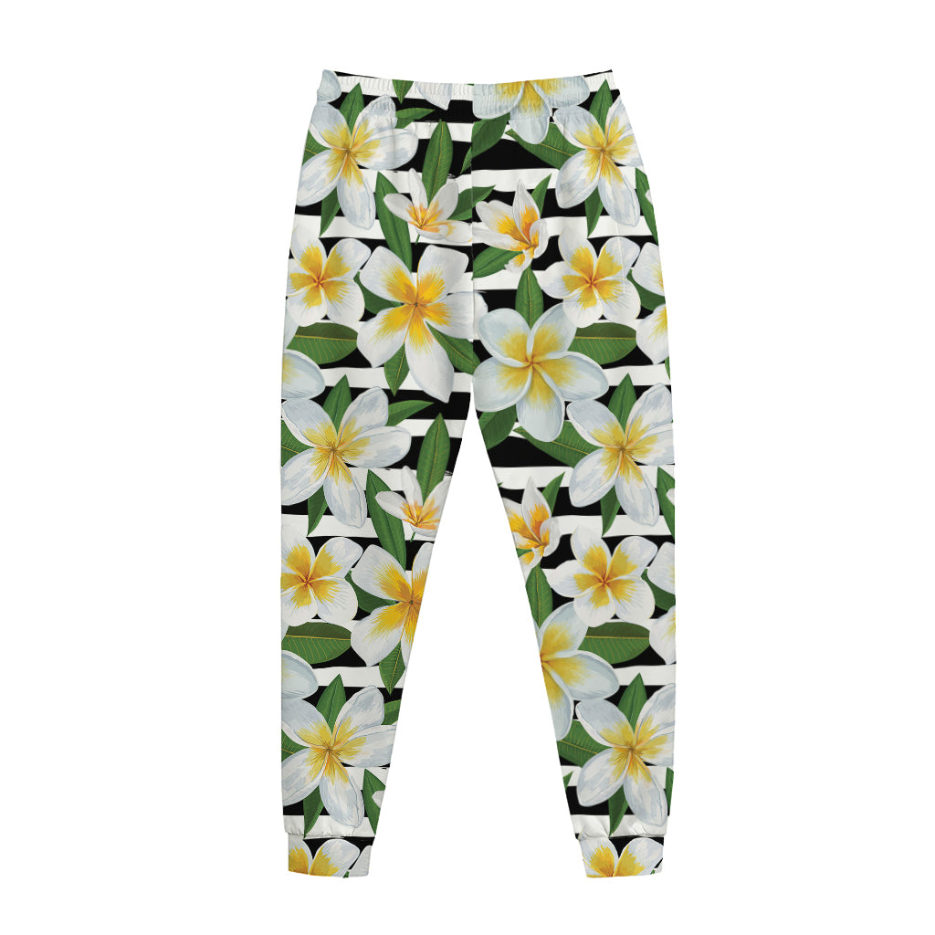 Plumeria Flower Striped Pattern Print Jogger Pants