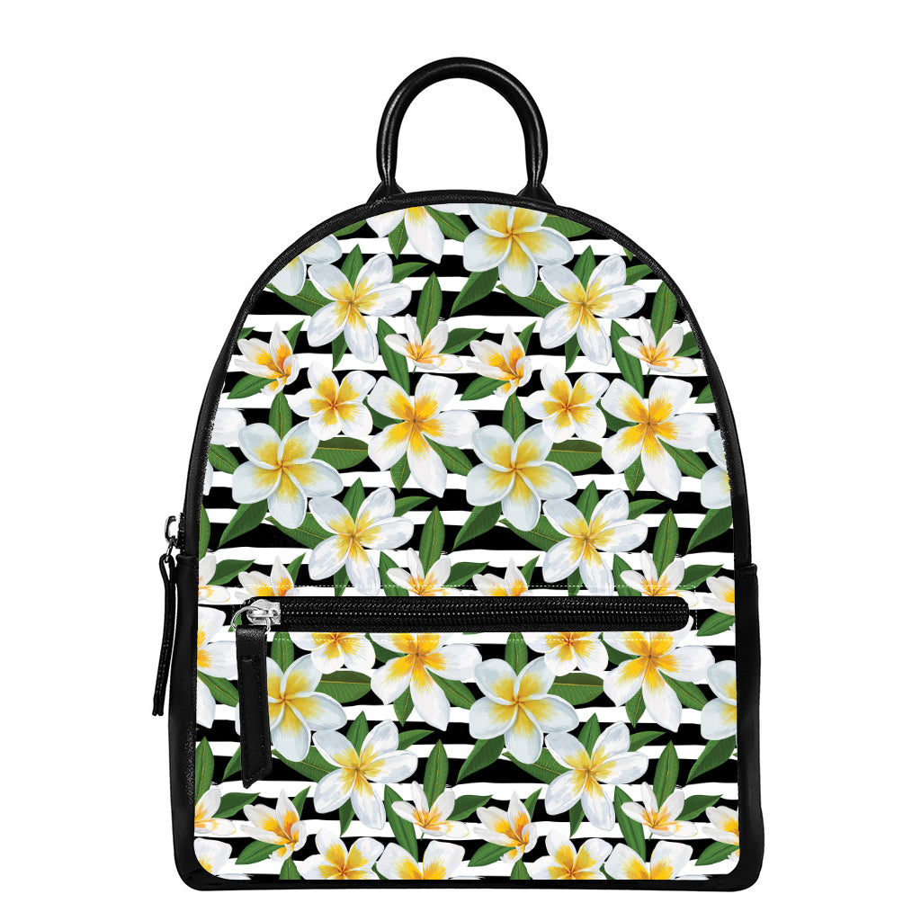 Plumeria Flower Striped Pattern Print Leather Backpack