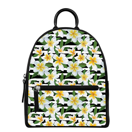 Plumeria Flower Striped Pattern Print Leather Backpack