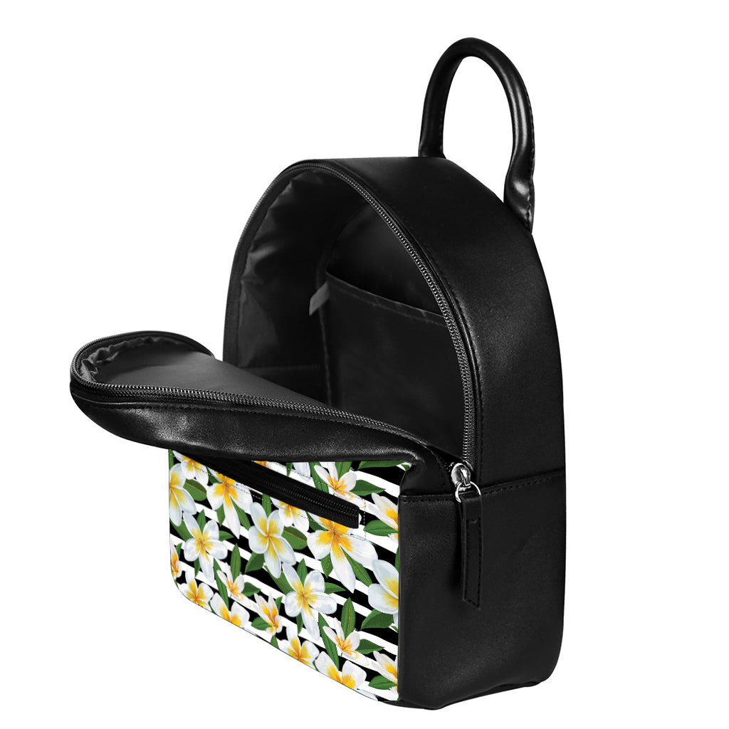 Plumeria Flower Striped Pattern Print Leather Backpack
