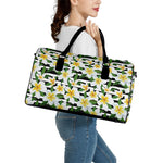 Plumeria Flower Striped Pattern Print Leather Duffle Bag