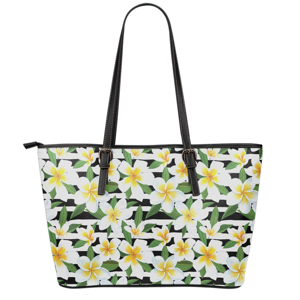 Plumeria Flower Striped Pattern Print Leather Tote Bag