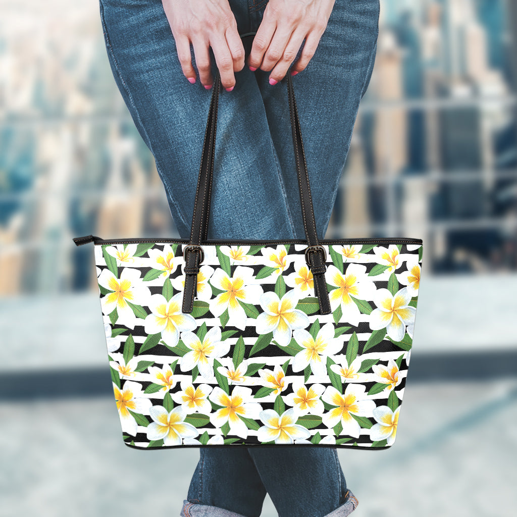 Plumeria Flower Striped Pattern Print Leather Tote Bag